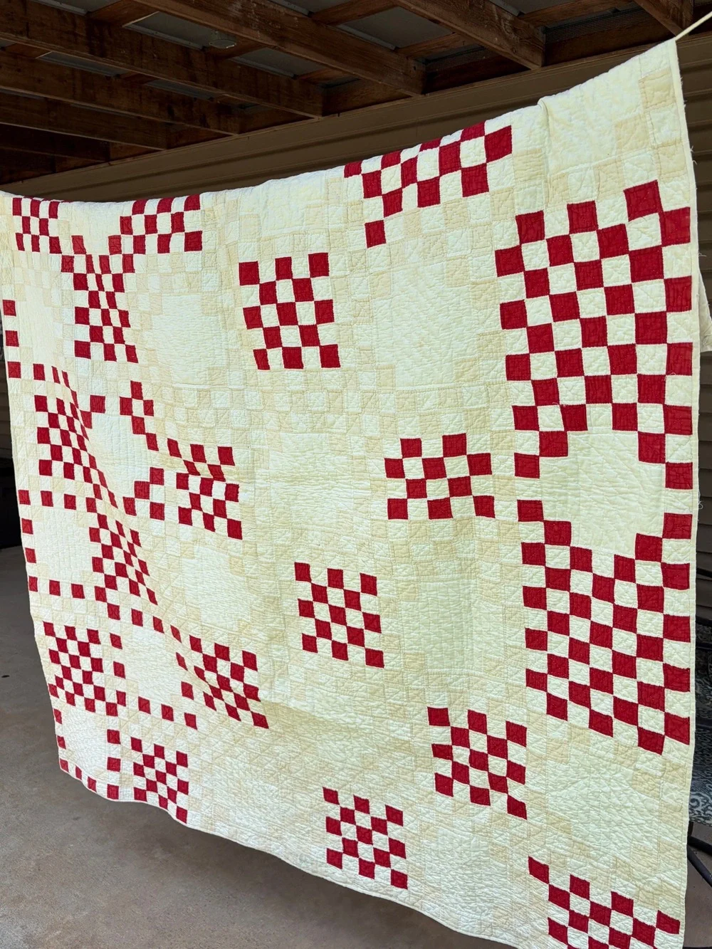 Vintage 1930-1940s Red & White Patchwork Checkered Feed Sack Quilt 65x74